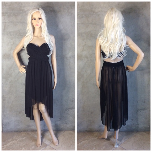 🌺 STRAPLESS DRESS HILO SHEER BLING PADDED MIDI HEART TOP HIGH LOW PETITE SMALL - Picture 10 of 16